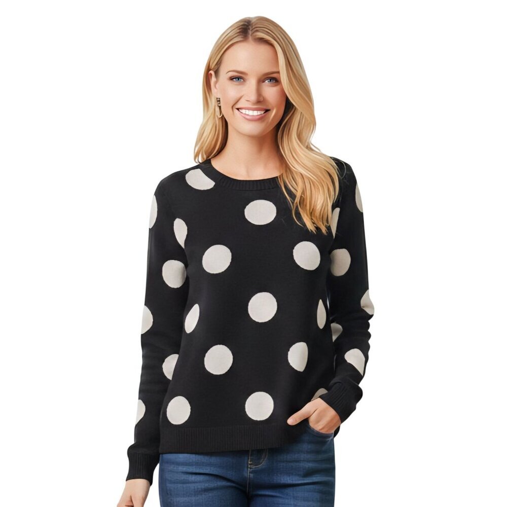Talbots Black White Polka Dot Cotton Blend Crewneck Pullover Sweater Side XL